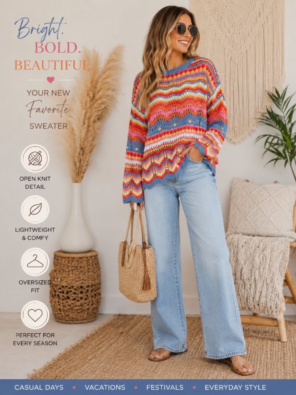 Multicolor Open Knit Wave Stripe Boho Oversized Sweater L XL